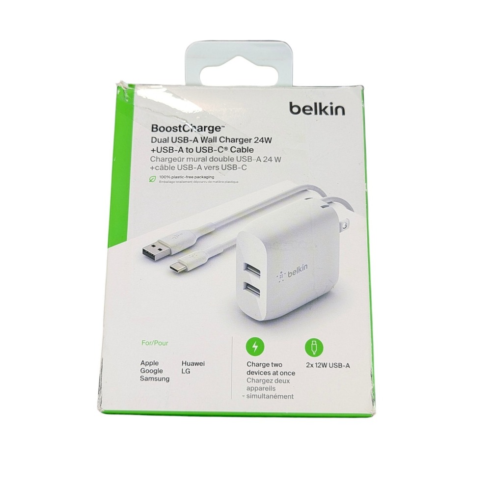 Cc8O Belkin 24W Dual Port USB Wall Charger with‎ USB-A To USB-C Cable White
